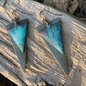 1990s Triangle brass turquoise-metal earrings